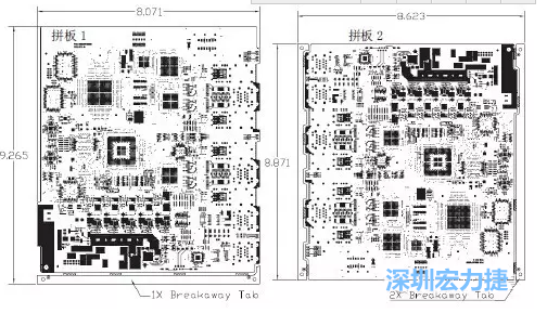 如圖7所示是使用不同數量邊條的拼板，拼板1僅使用了一個邊條，直接利用PCB另一邊作為SMT工藝傳送邊，并且PCB圖形中有合適的安裝孔；而拼板2則是按常規設計了兩個邊條。拼板方式為連接筋。圖中“Breakaway Tab”指邊條-深圳宏力捷