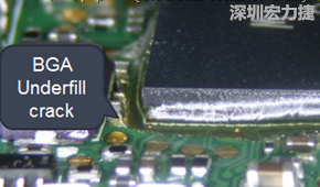 下面兩張照片就顯示既使添加了底部填充膠underfill，經(jīng)過摔落后還是發(fā)生BGA錫球破裂的問題，因為連Underfill膠都裂開了。