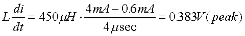 舉例來說，一個閘在"ON"而載有4mA的電流時，突然開關(guān)切到"OFF"且現(xiàn)在載有0.6mA的電流，假設(shè)開關(guān)時間為4msec，載有450mH的電感信號的導(dǎo)體，此時所產(chǎn)生的電壓突波為