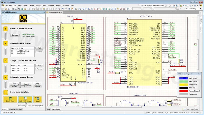 XJTAG DFT Assistant的Access Viewer模式可以清楚地顯示可用的測試存取層級(jí)，讓電路板設(shè)計(jì)人員在展開PCB布局以前的原理圖擷取階段盡可能地提高測試存取能力